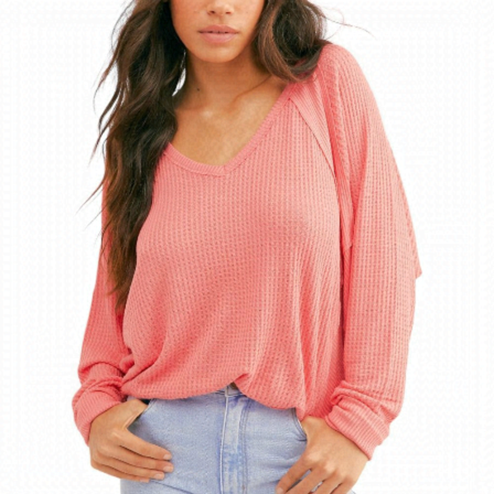 Free People We The Free Santa Clara Thermal V-Neck Sweater Pink Small
